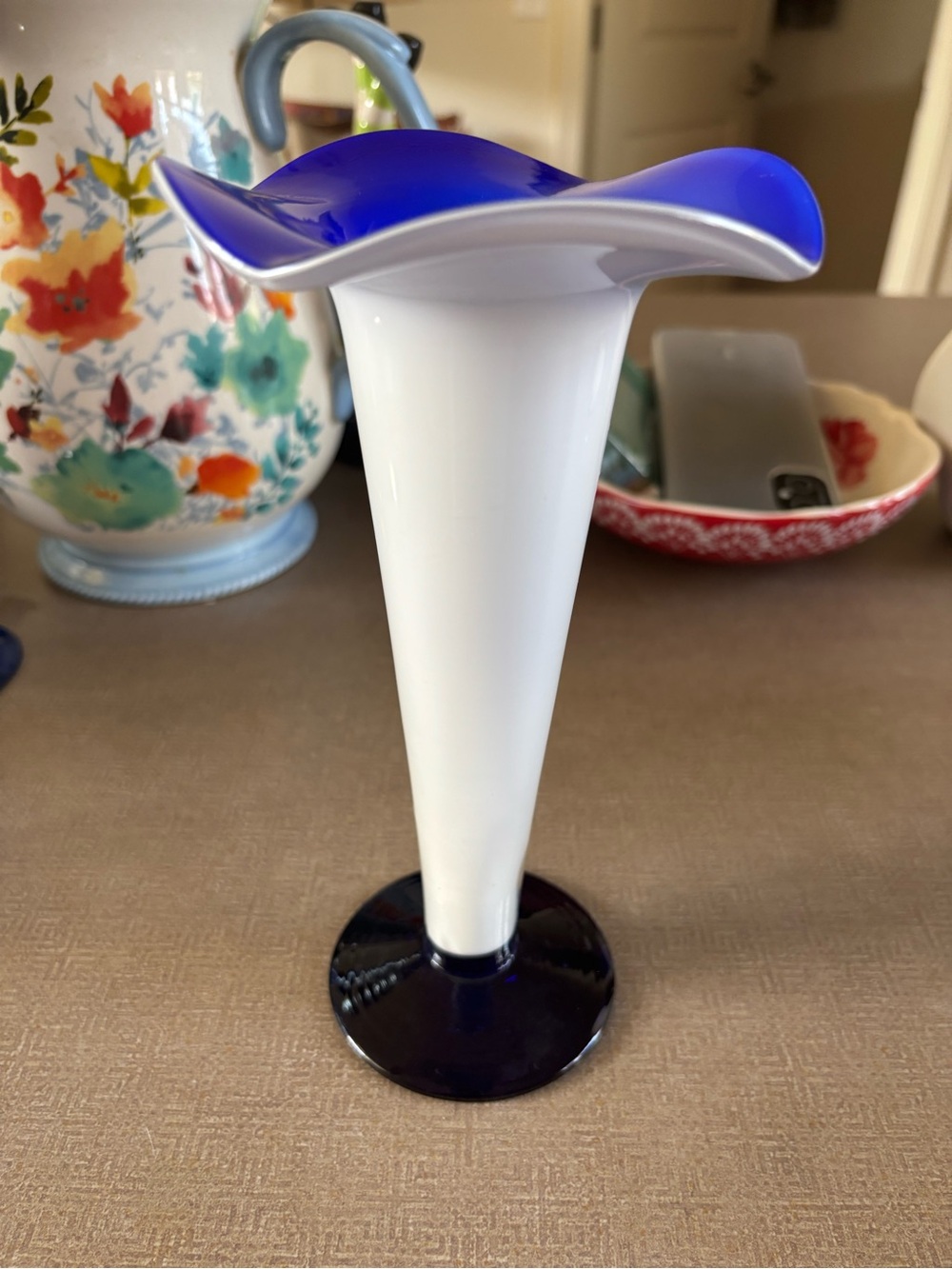 Blue-Rimmed White Art Glass Trumpet Vase
